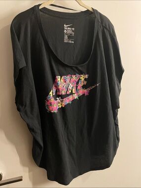 Nike Black Tee with Pink Floral Swoosh